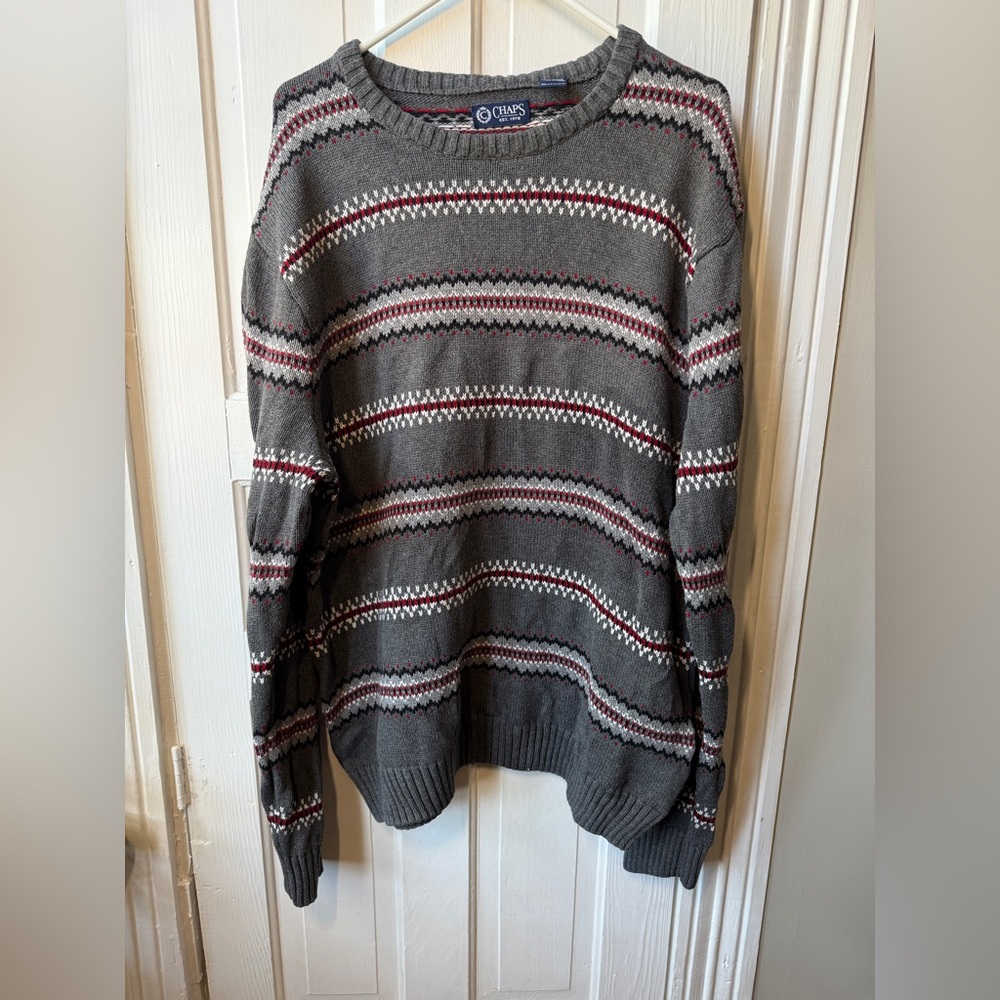 Chaps Men's Gray and Red Striped Crewneck Sweater XL